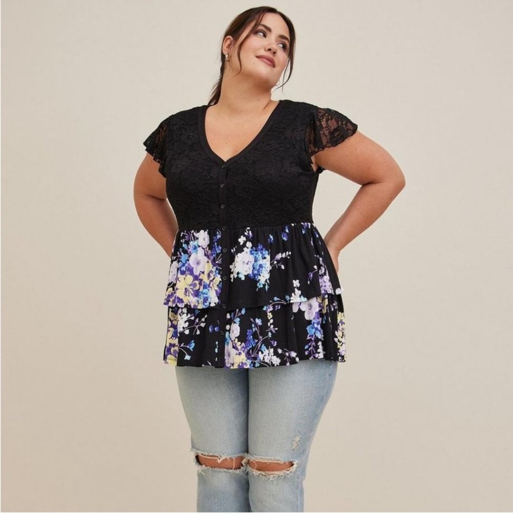 Torrid • Super Soft Lace Bodice Floral Blouse